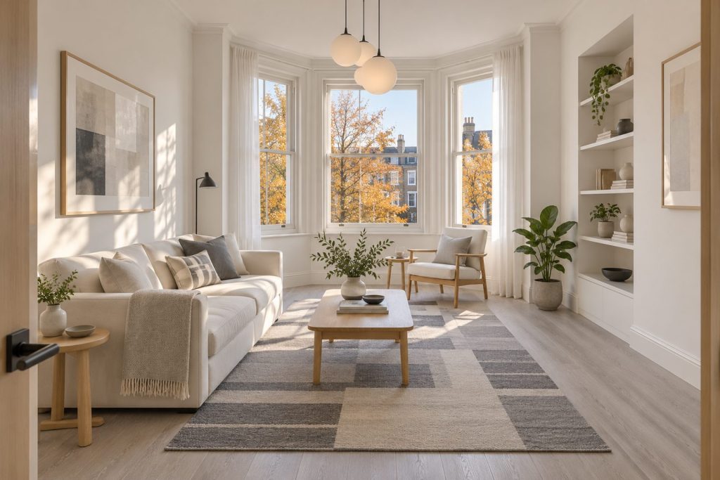 Sitting room, wide view from the doorway - 1-bedroom flat in Southfields