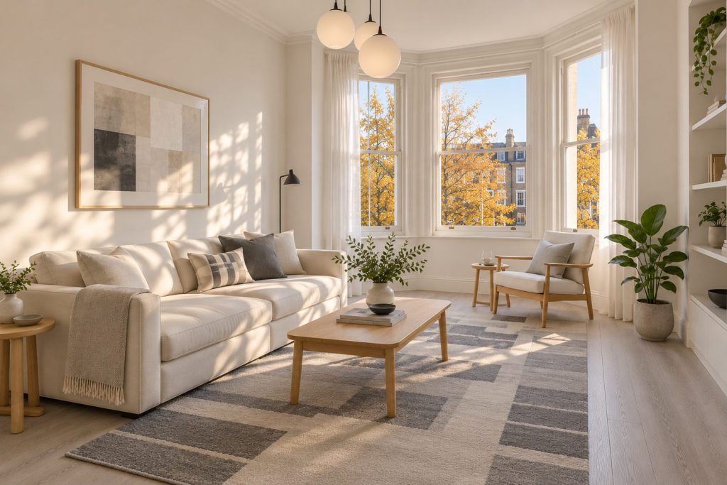 Sitting room, view toward the window - 1-bedroom flat in Southfields
