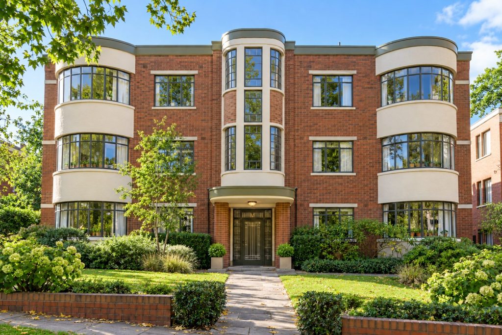 Front exterior, eye-level view of the building and its entrance - 2-bedroom flat in Balham