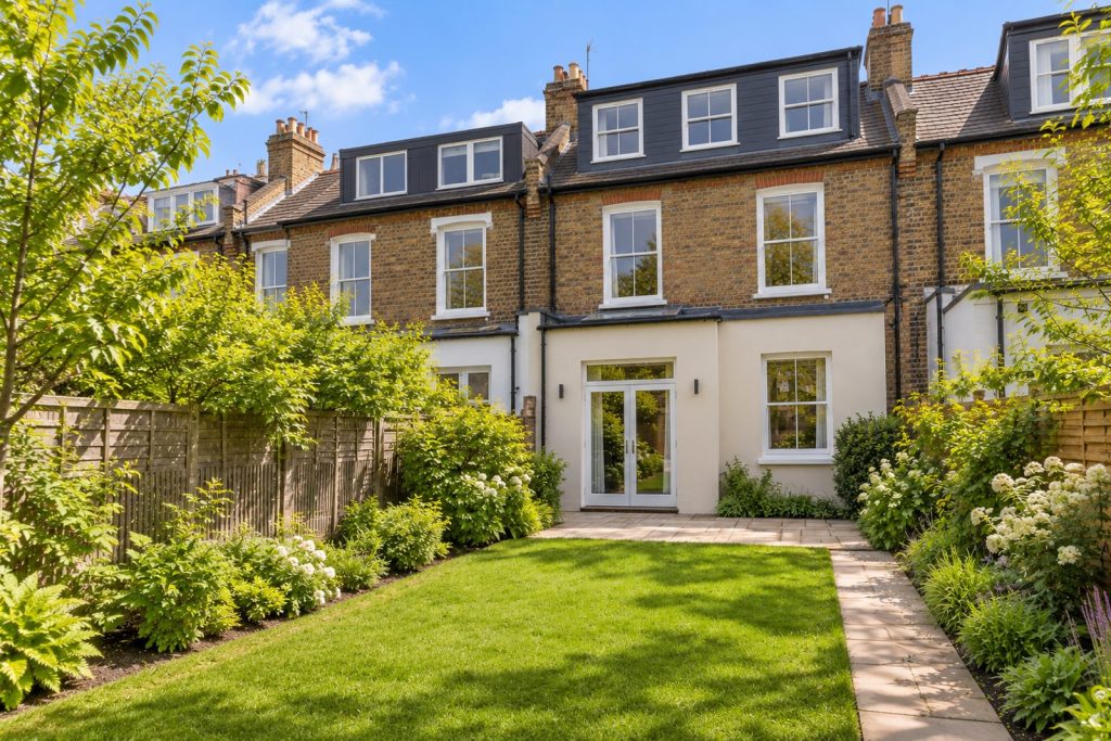 Rear garden, the garden looking back toward the house - 4-bedroom terraced house in Battersea