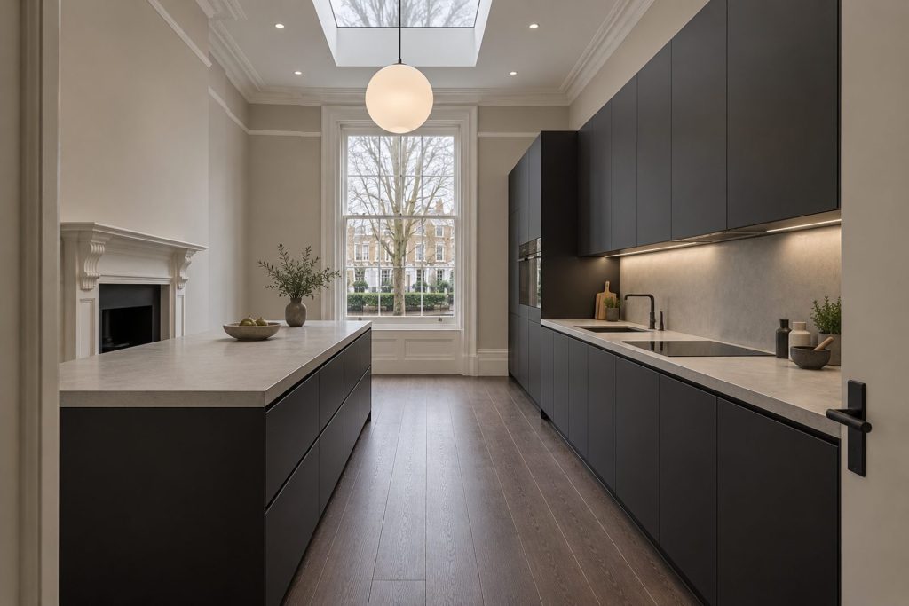 Kitchen, wide view from the doorway - 3-bedroom maisonette in Wandsworth