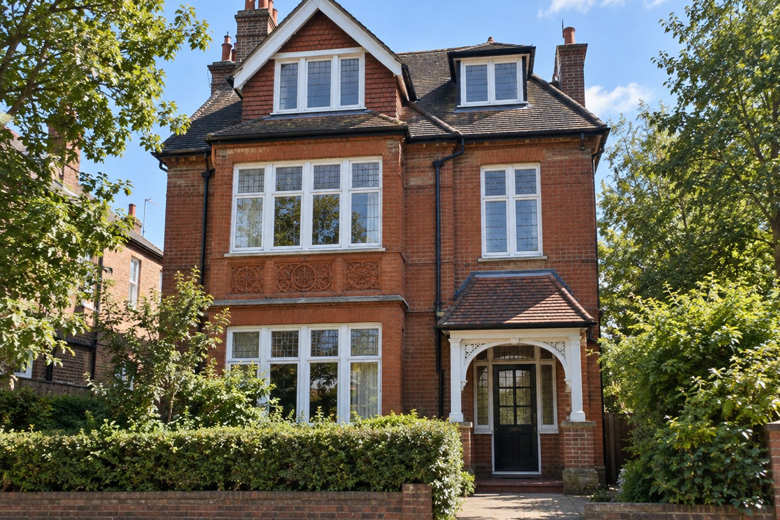 Front exterior, eye-level view of the building and its entrance - 1-bedroom flat in Clapham