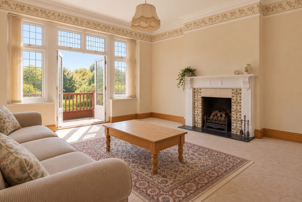 Sitting room, view toward the window - 1-bedroom flat in Clapham