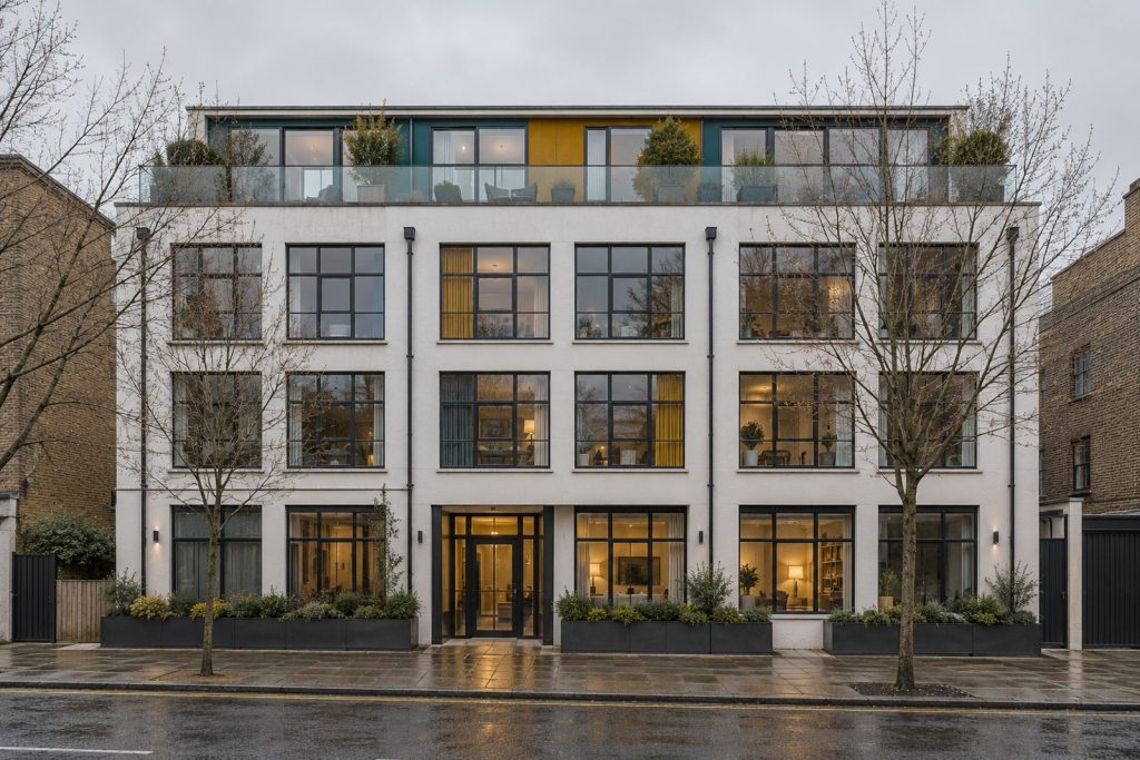 Front exterior, eye-level view of the building and its entrance - 2-bedroom flat in Putney