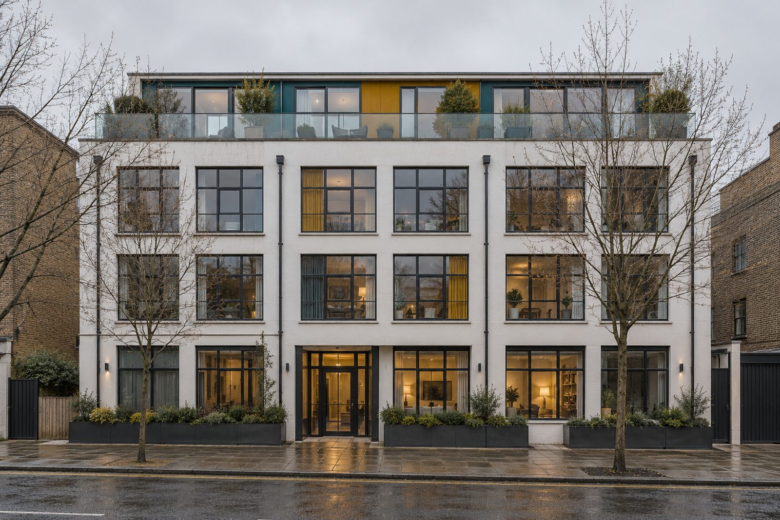 Front exterior, eye-level view of the building and its entrance - 2-bedroom flat in Putney