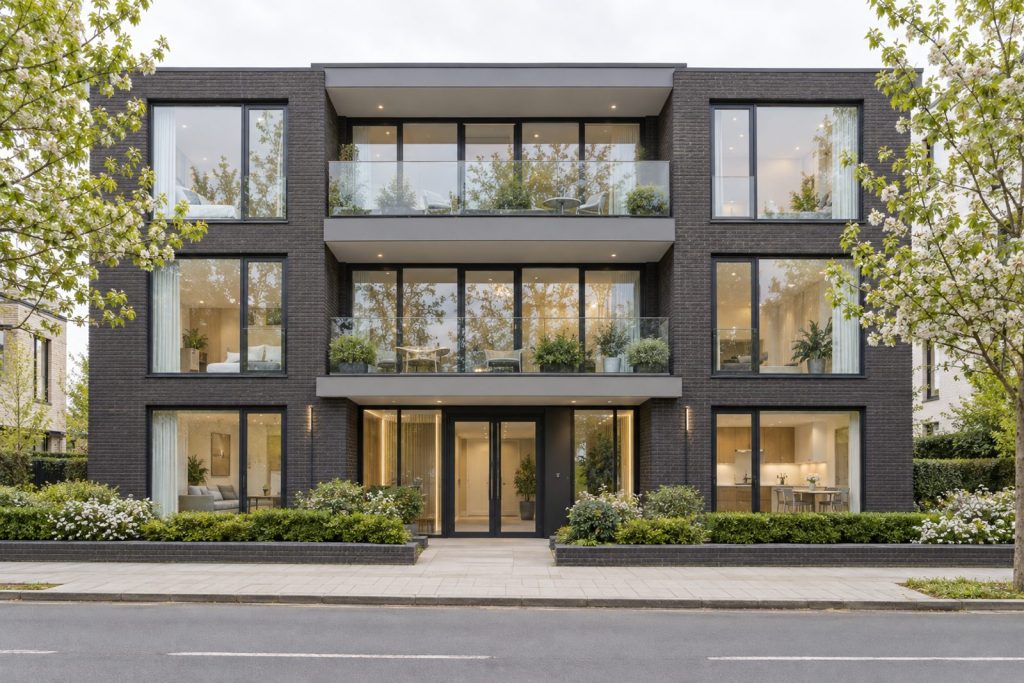 Front exterior, eye-level view of the building and its entrance - 2-bedroom flat in Wimbledon
