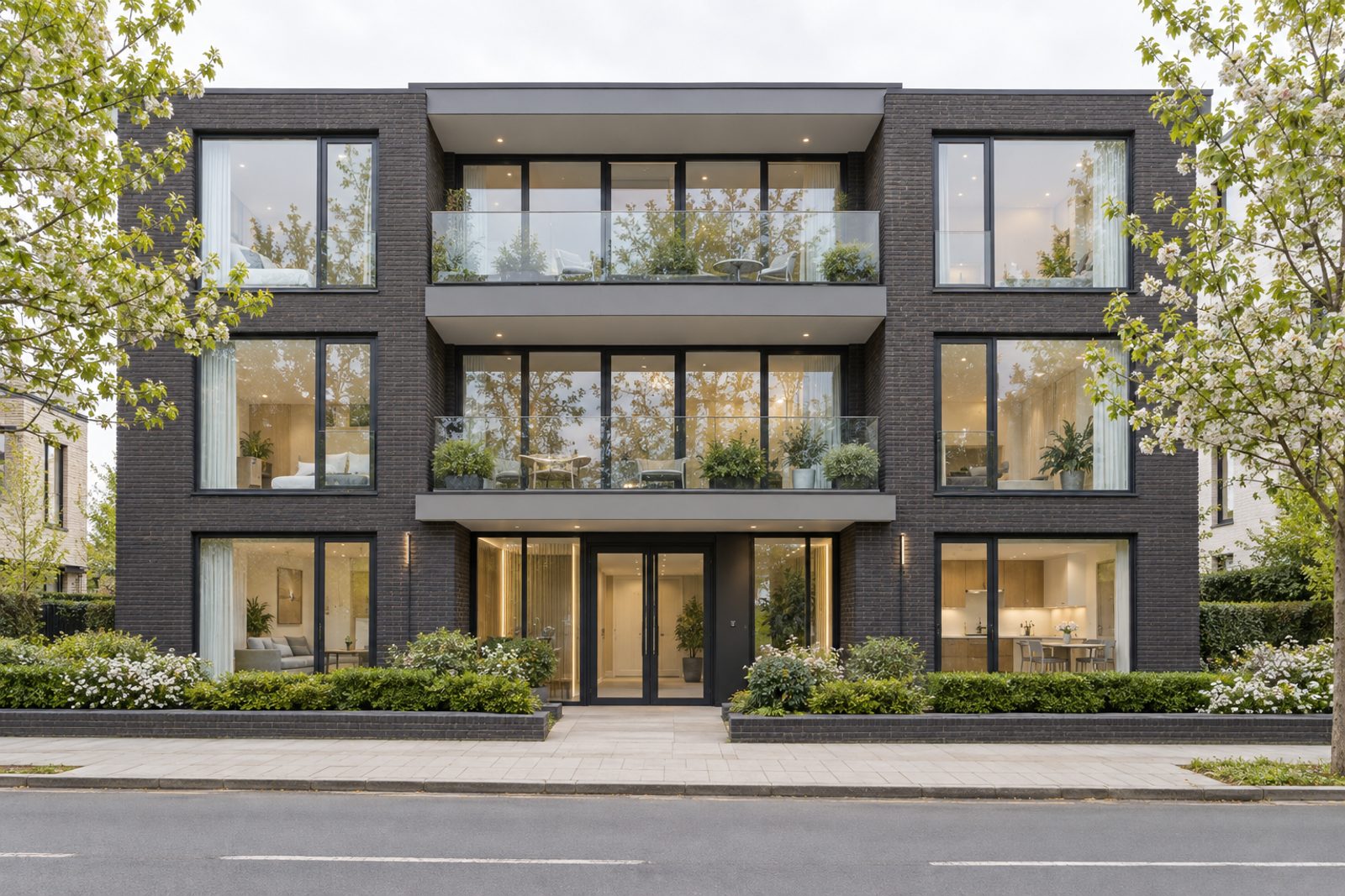 Front exterior, eye-level view of the building and its entrance - 2-bedroom flat in Wimbledon