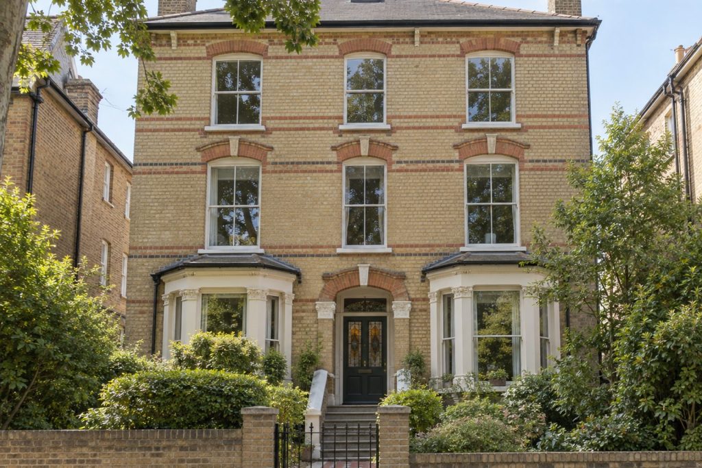 Front exterior, eye-level view of the building and its entrance - 2-bedroom flat in Putney