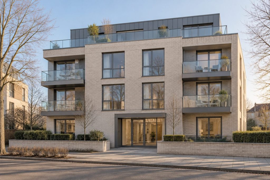 Front exterior, eye-level view of the building and its entrance - 1-bedroom flat in Wimbledon