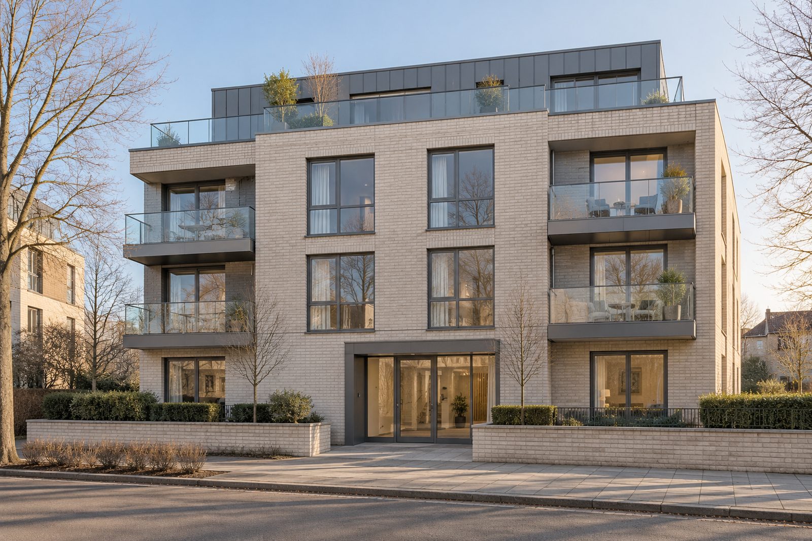 Front exterior, eye-level view of the building and its entrance - 1-bedroom flat in Wimbledon