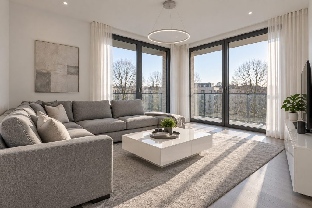 Living room, view toward the window - 1-bedroom flat in Wimbledon