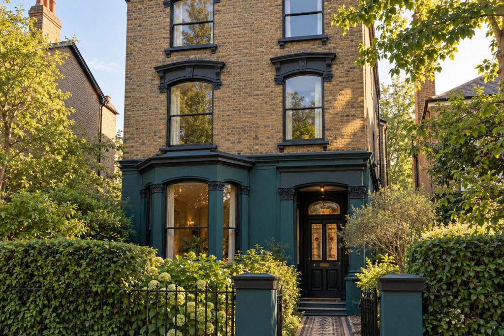 Front exterior, eye-level view of the building and its entrance - 2-bedroom flat in Wimbledon