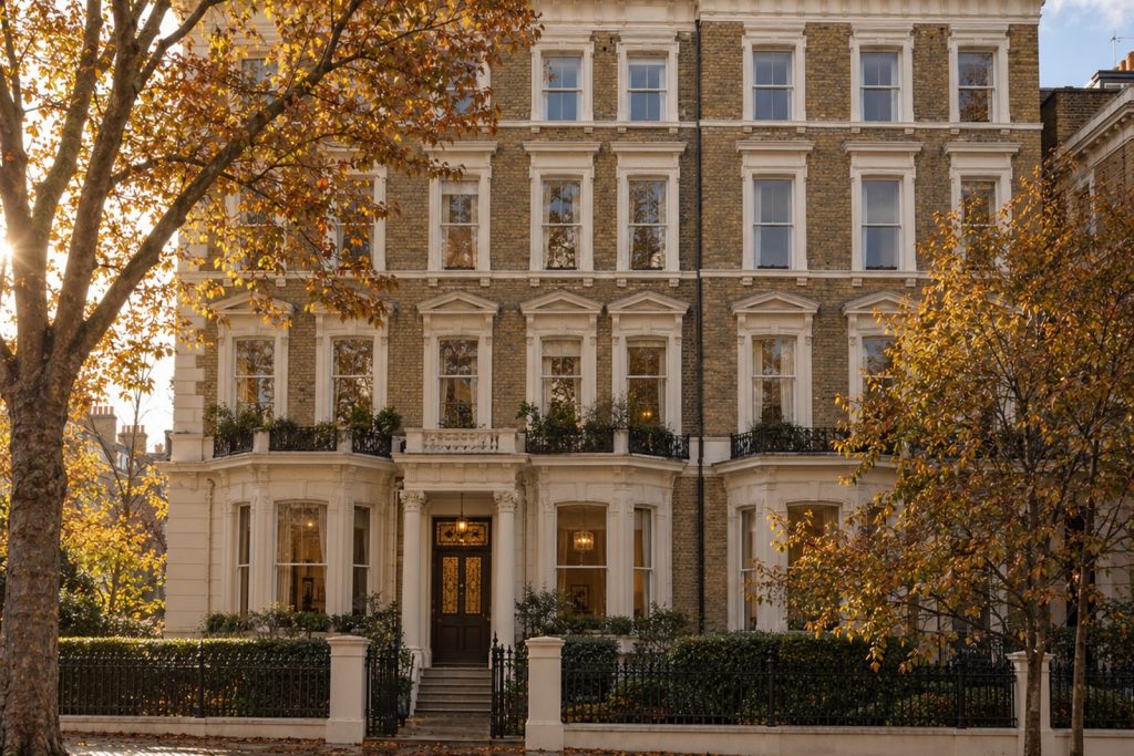 Front exterior, eye-level view of the building and its entrance - 3-bedroom flat in Wimbledon