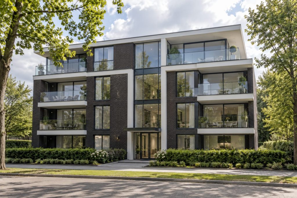 Front exterior, eye-level view of the building and its entrance - 2-bedroom flat in Battersea