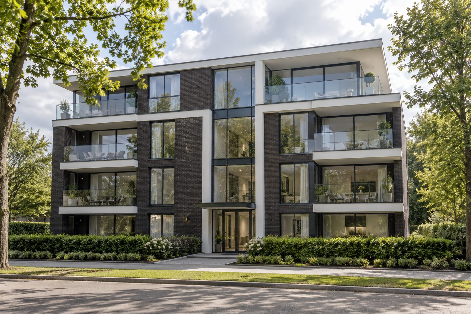 Front exterior, eye-level view of the building and its entrance - 2-bedroom flat in Battersea