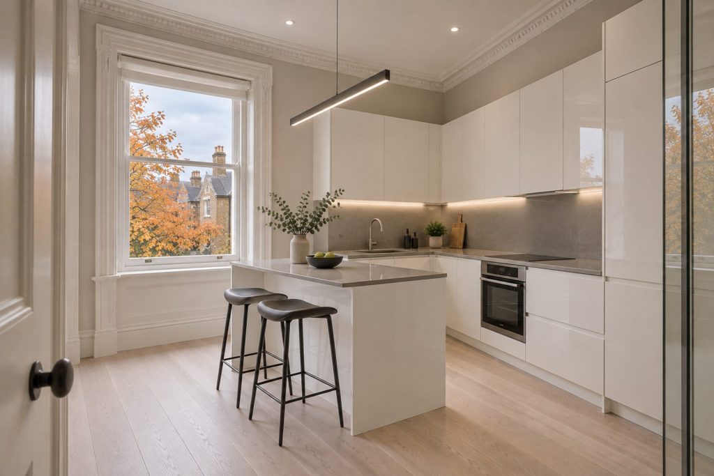 Kitchen, wide view from the doorway - 3-bedroom maisonette in Putney