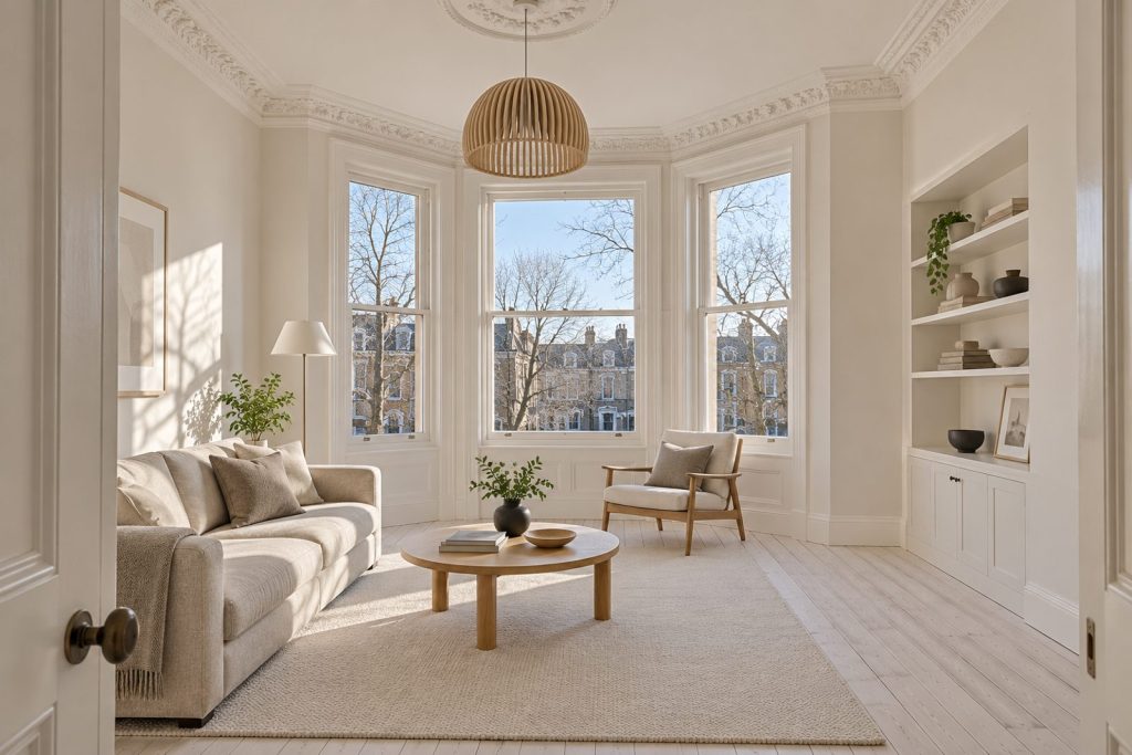 Sitting room, wide view from the doorway - 2-bedroom flat in Fulham