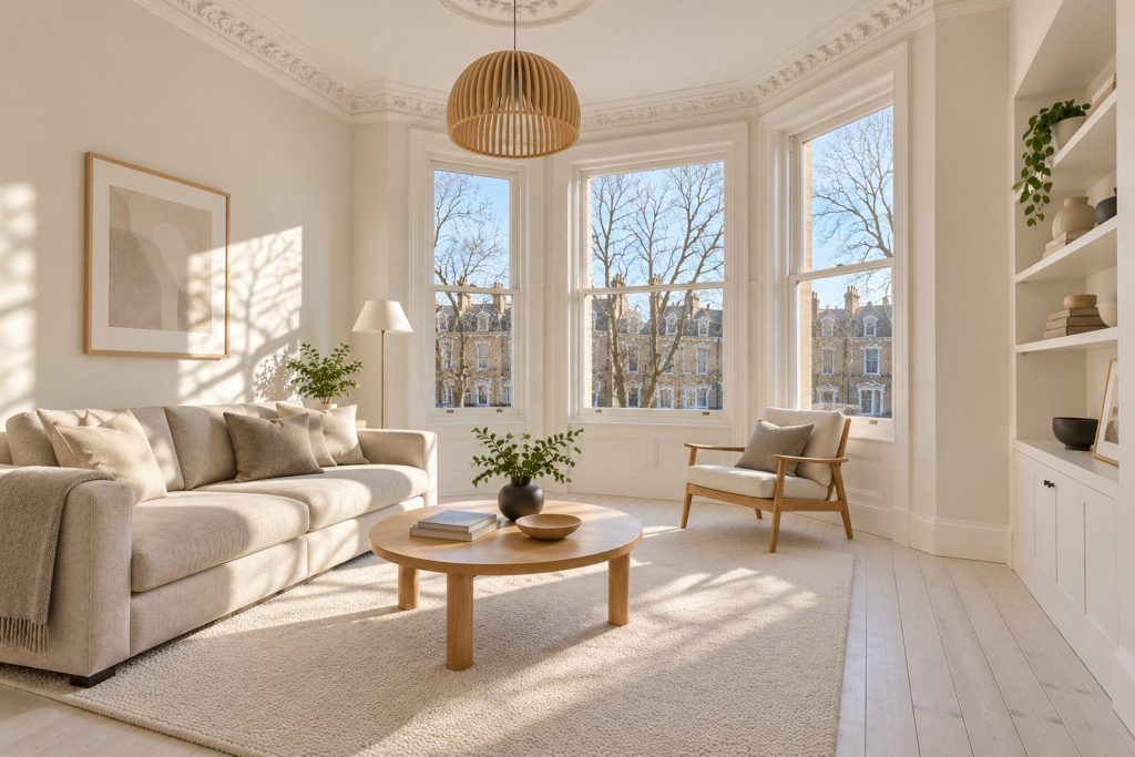Sitting room, view toward the window - 2-bedroom flat in Fulham