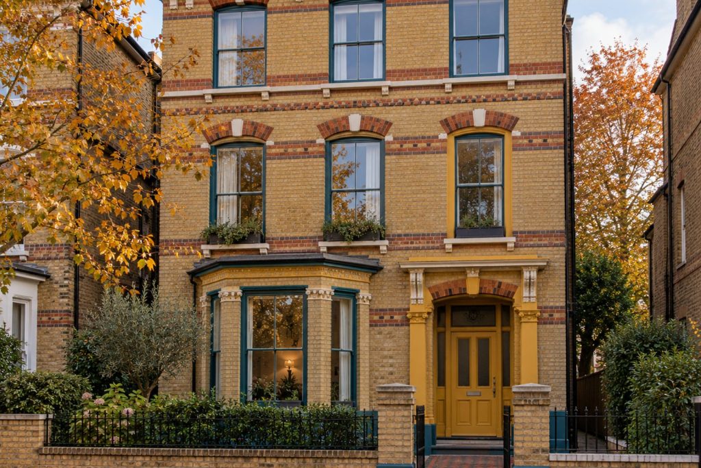 Front exterior, eye-level view of the building and its entrance - 3-bedroom flat in Battersea