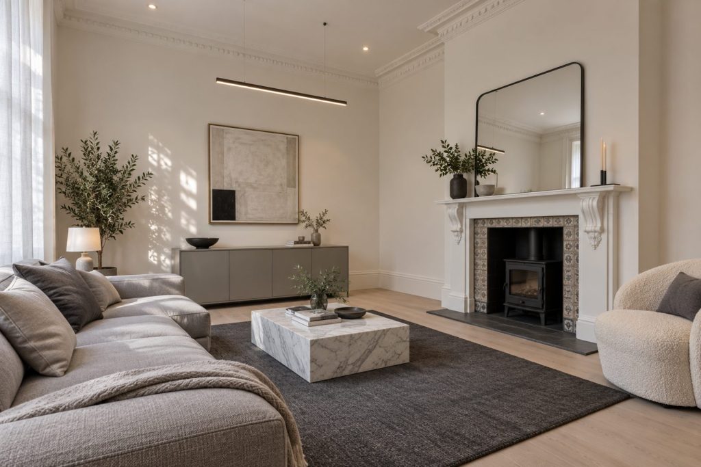 Sitting room, wide view from the doorway - 2-bedroom flat in Wimbledon