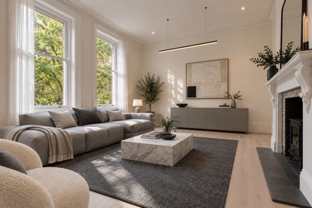 Sitting room, view toward the window - 2-bedroom flat in Wimbledon