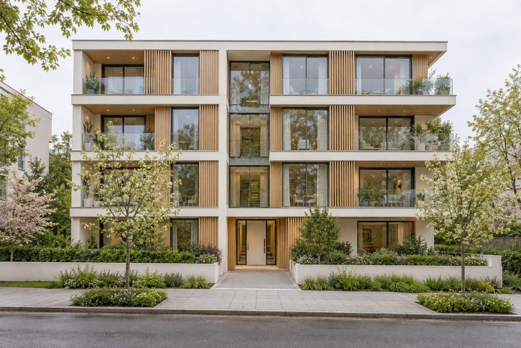 Front exterior, eye-level view of the building and its entrance - 2-bedroom flat in Earlsfield