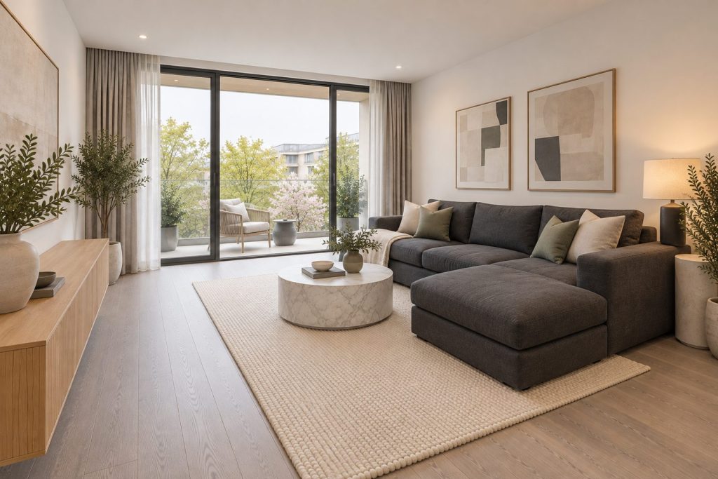 Living room, view toward the window - 2-bedroom flat in Earlsfield