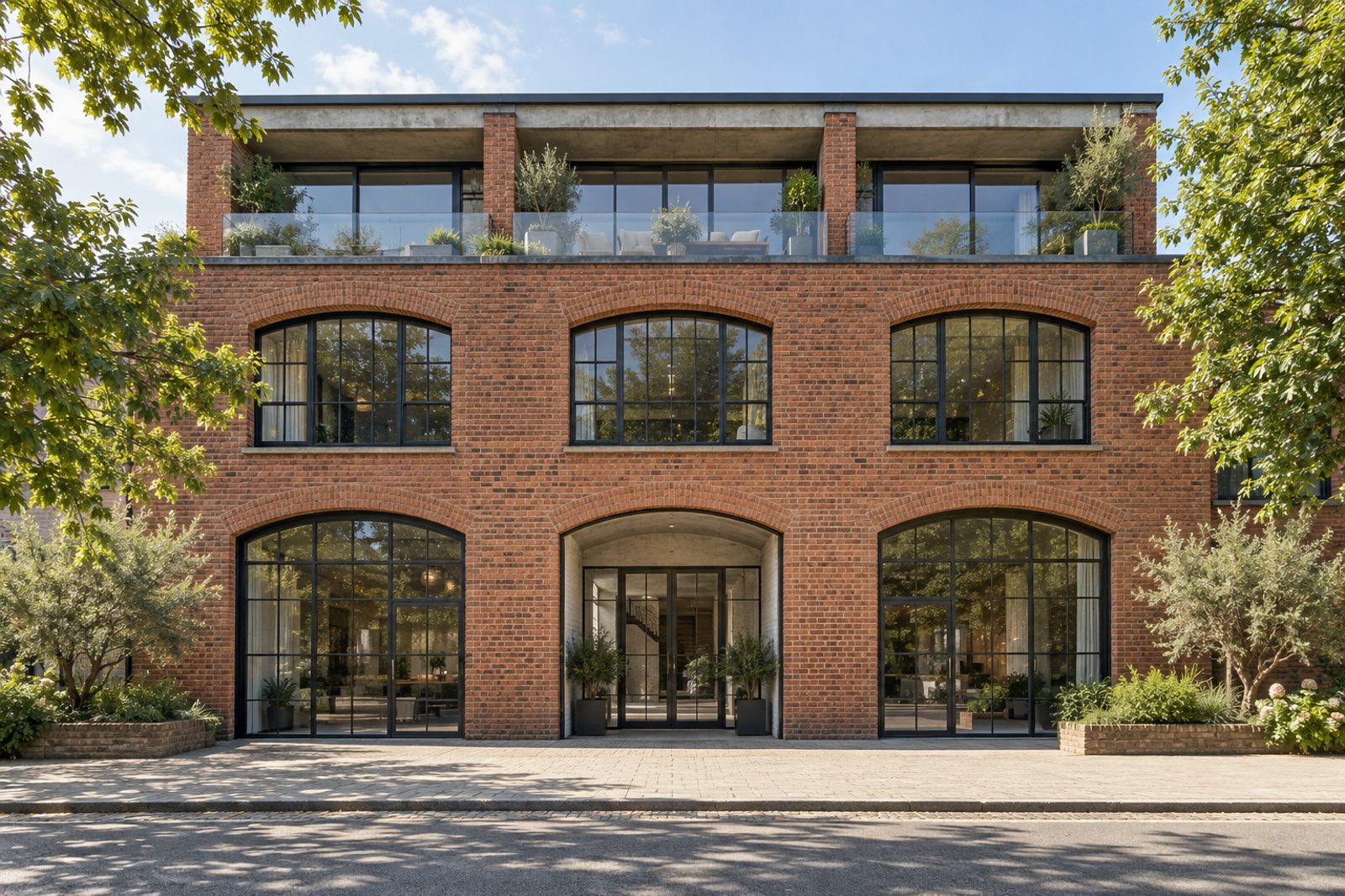 Front exterior, eye-level view of the building and its entrance - 1-bedroom flat in Clapham
