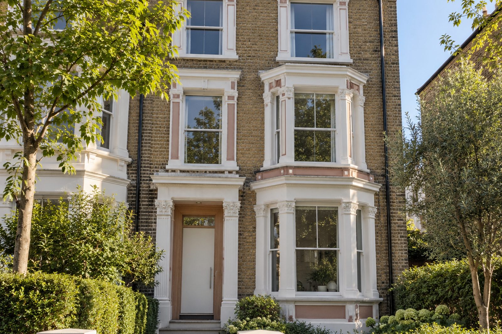 Front exterior, eye-level view of the building and its entrance - 3-bedroom flat in Battersea