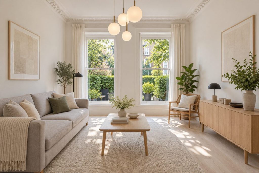 Sitting room, wide view from the doorway - 3-bedroom flat in Battersea
