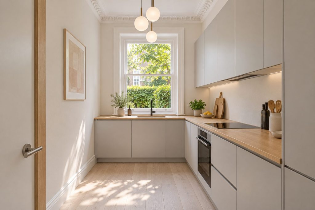 Kitchen, wide view from the doorway - 3-bedroom flat in Battersea