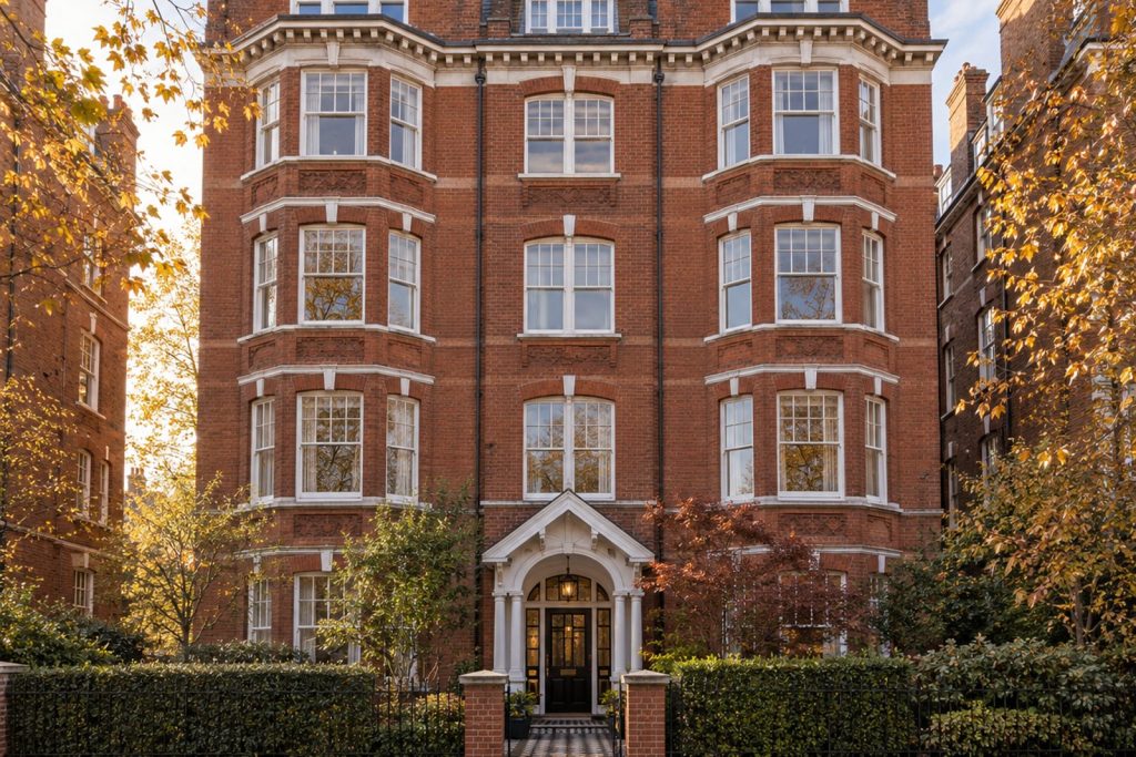 Front exterior, eye-level view of the building and its entrance - 3-bedroom flat in Putney