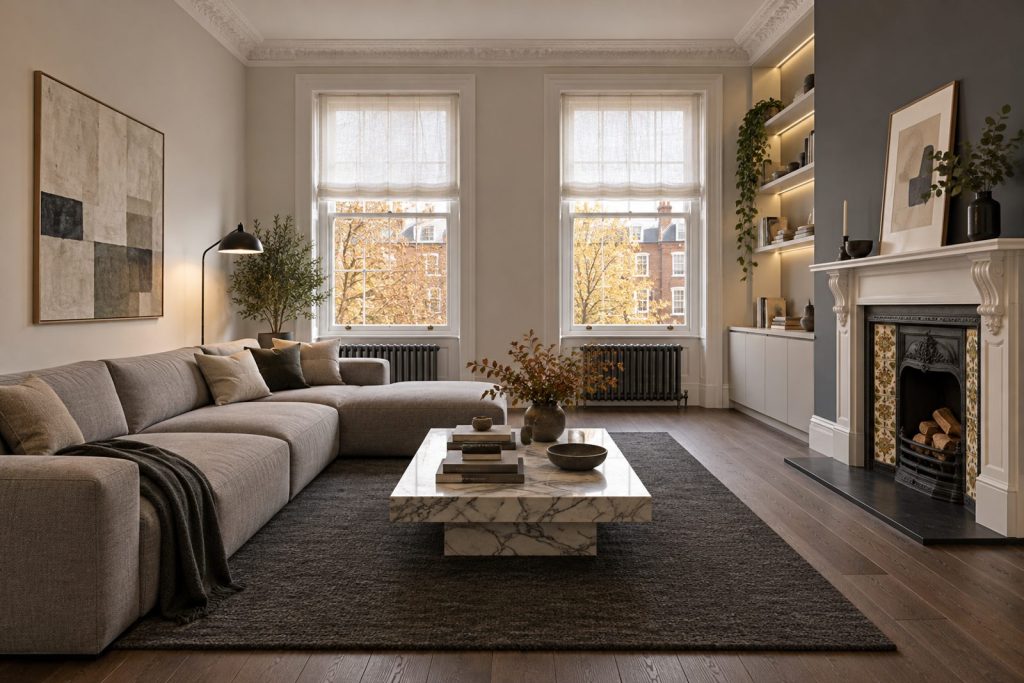 Sitting room, wide view from the doorway - 3-bedroom flat in Putney