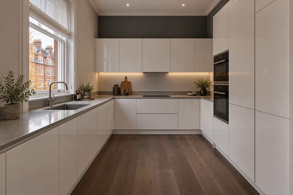 Kitchen, wide view from the doorway - 3-bedroom flat in Putney