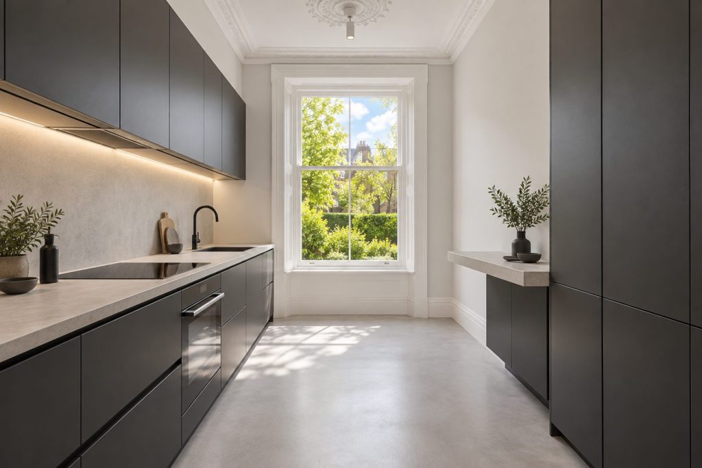 Kitchen, wide view from the doorway - 3-bedroom flat in Balham