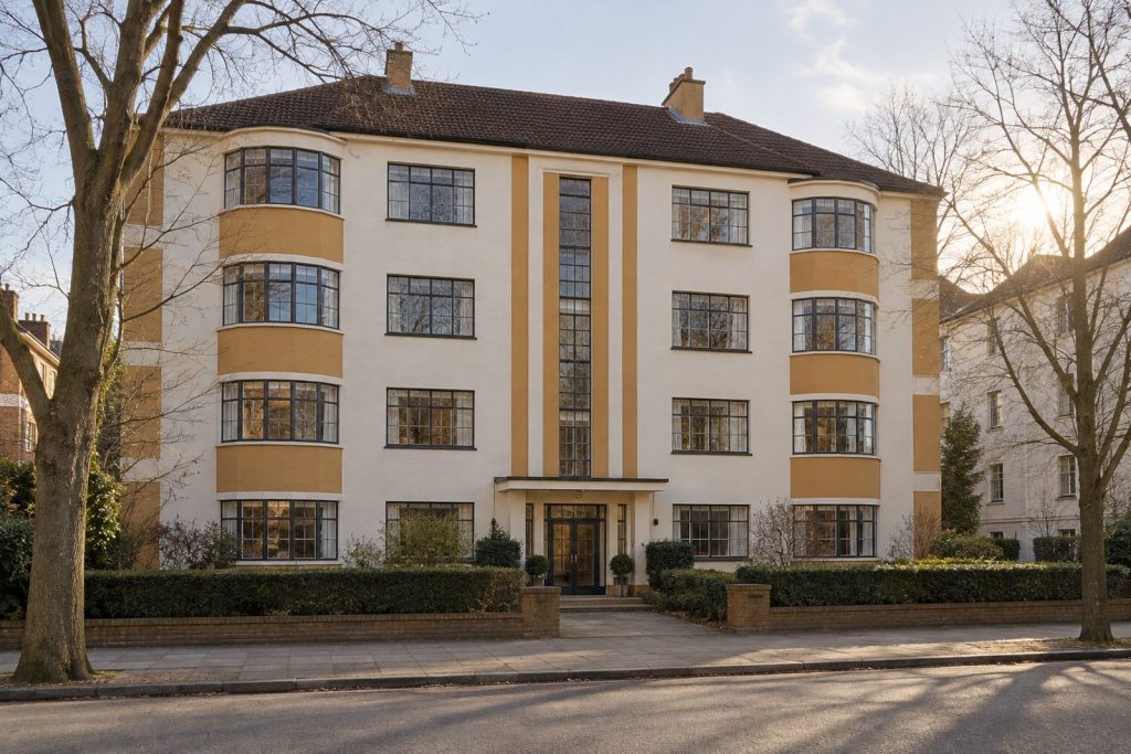 Front exterior, eye-level view of the building and its entrance - 2-bedroom flat in Fulham
