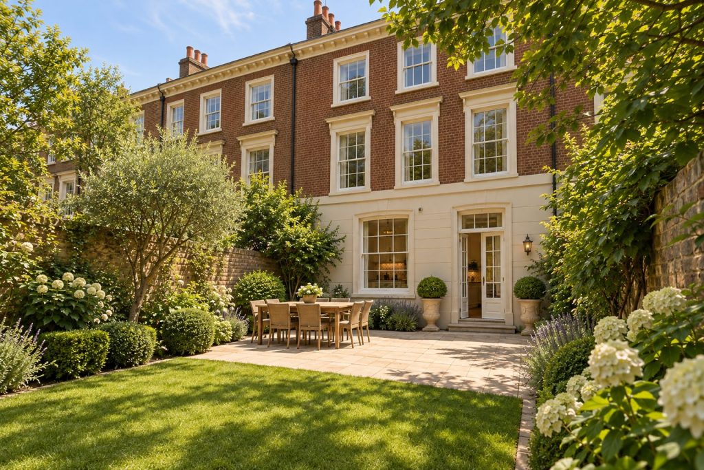 Rear garden, the garden looking back toward the house - 5-bedroom town house in Battersea