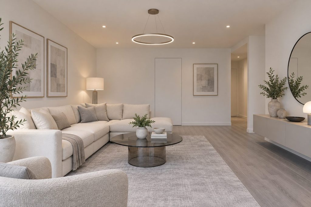 Living room, wide view from the doorway - 3-bedroom flat in Clapham