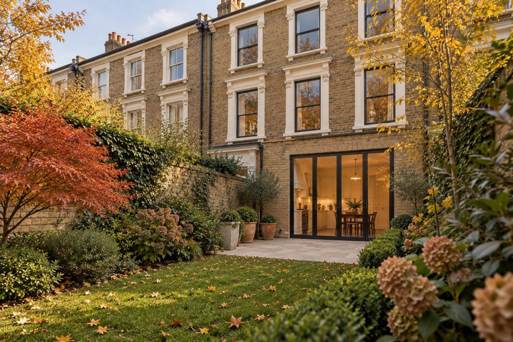 Rear garden, the garden looking back toward the house - 4-bedroom town house in Earlsfield