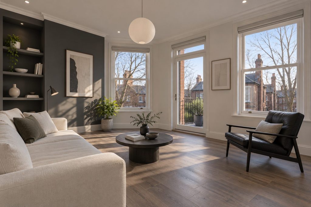 Sitting room, wide view from the doorway - 2-bedroom flat in Brixton