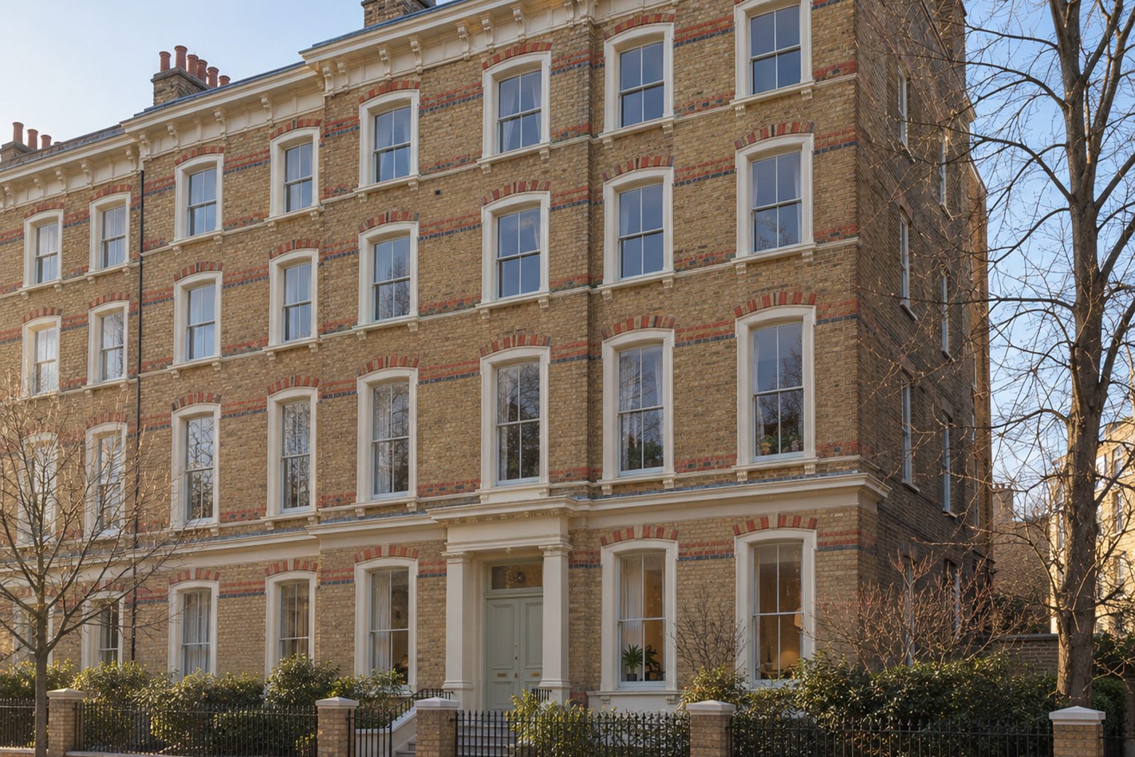 Front exterior, eye-level view of the building and its entrance - 3-bedroom flat in Battersea