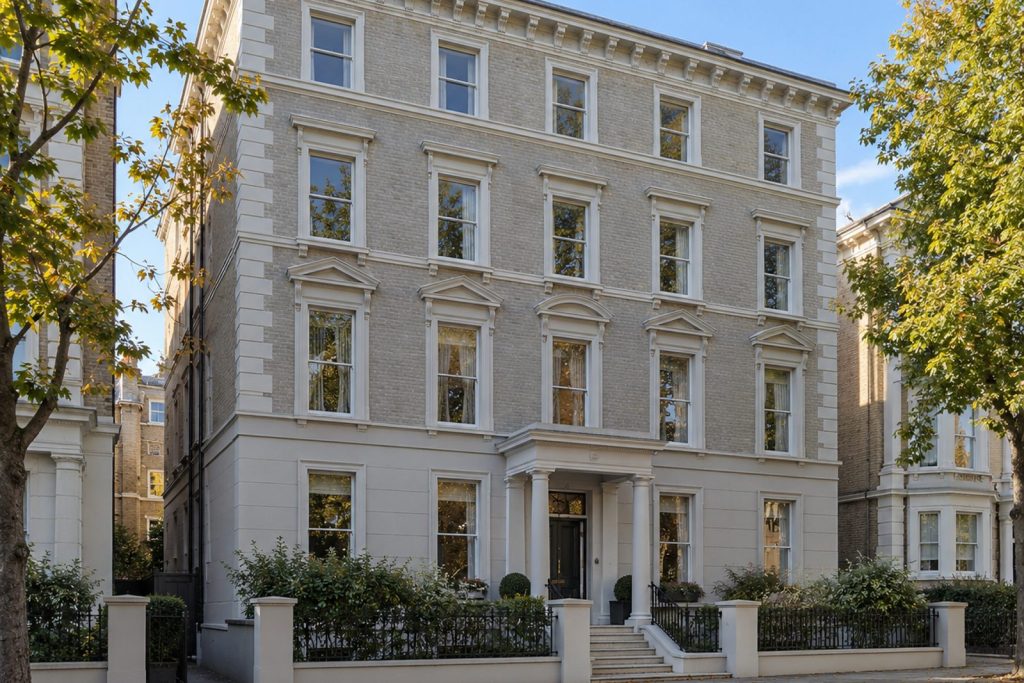 Front exterior, eye-level view of the building and its entrance - 3-bedroom flat in Battersea