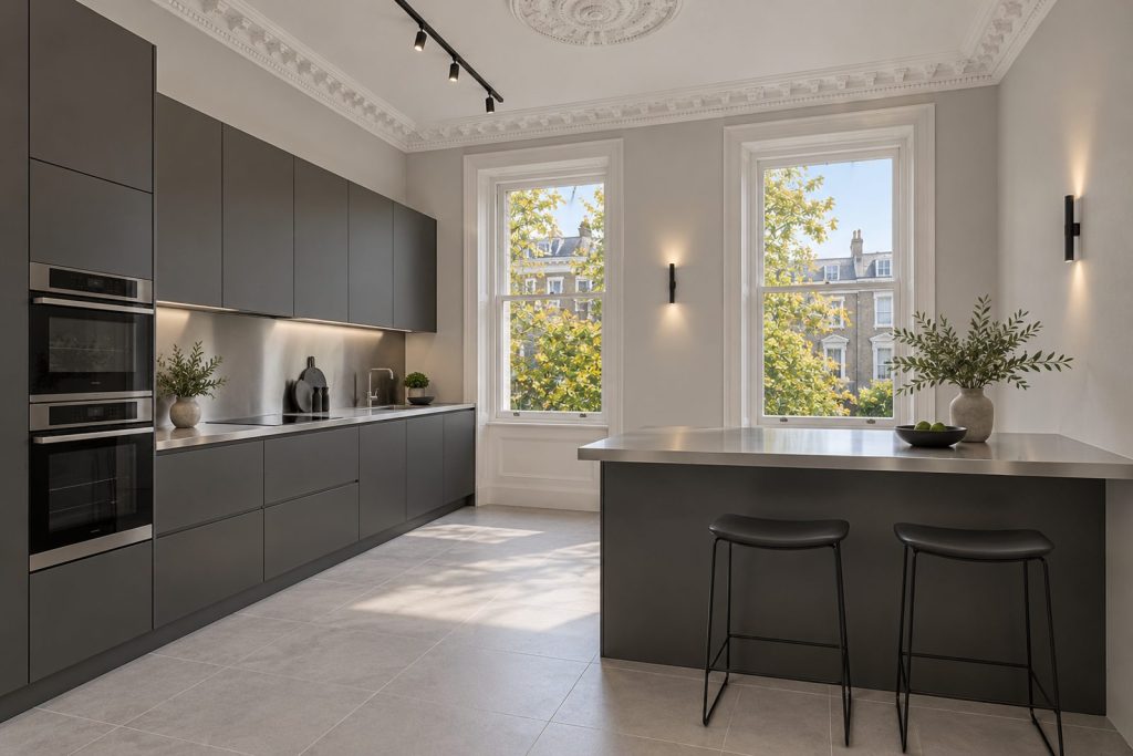 Kitchen, wide view from the doorway - 3-bedroom flat in Battersea