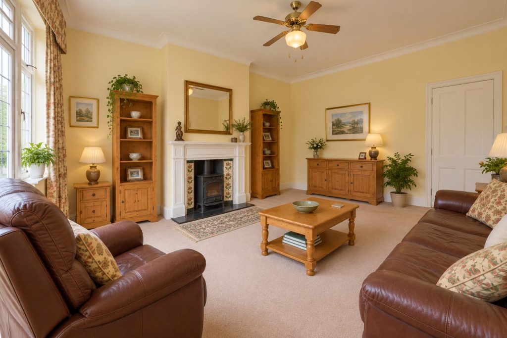 Sitting room, view toward the window - 1-bedroom flat in Clapham
