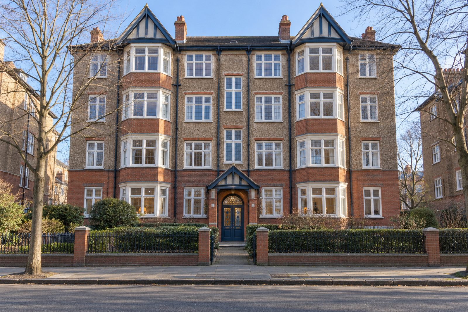 Front exterior, eye-level view of the building and its entrance - 2-bedroom flat in Clapham