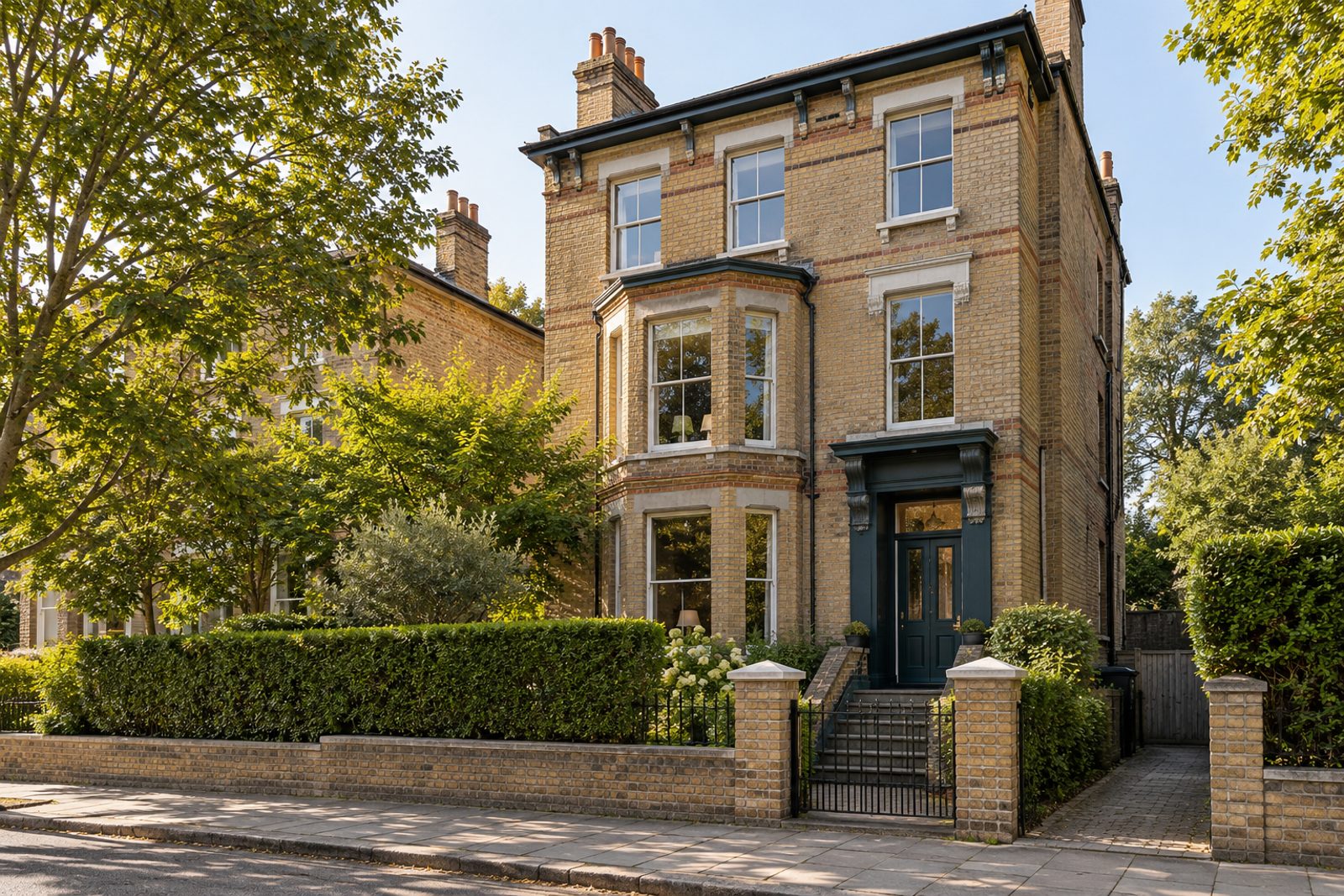 Front exterior, eye-level view of the building and its entrance - 2-bedroom flat in Fulham