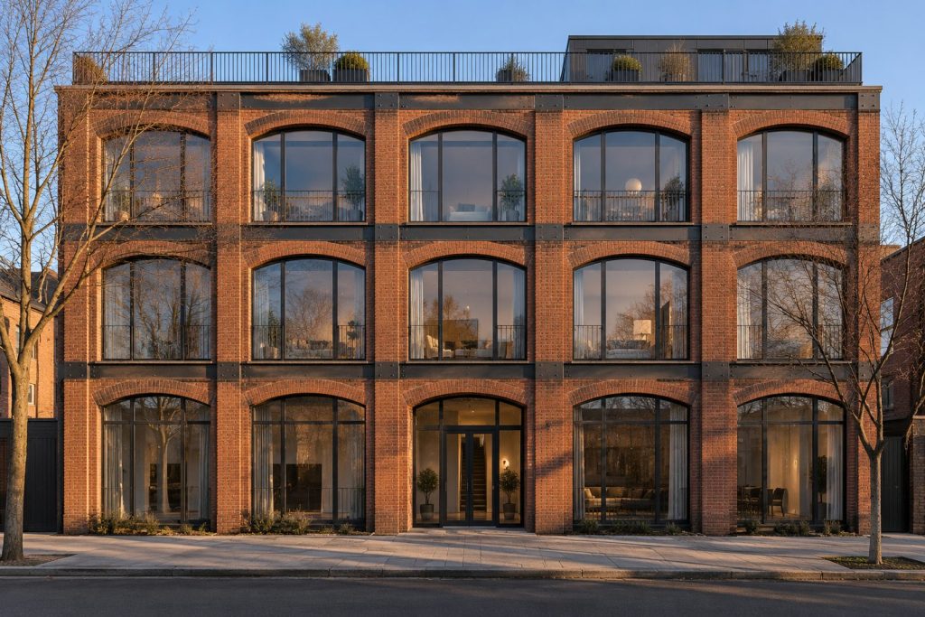 Front exterior, eye-level view of the building and its entrance - 2-bedroom flat in Battersea