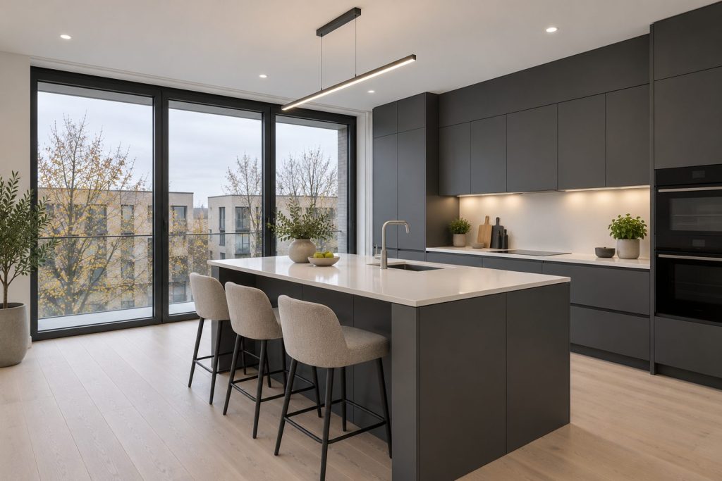 Kitchen, wide view from the doorway - 3-bedroom flat in Tooting