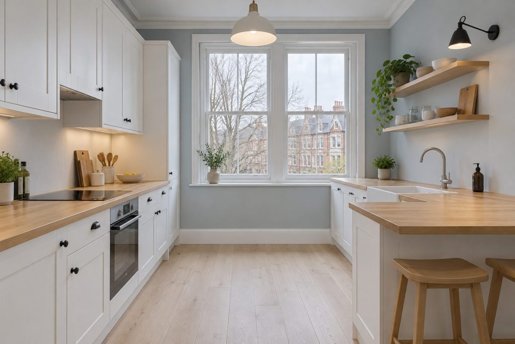 Kitchen, wide view from the doorway - 3-bedroom flat in Balham