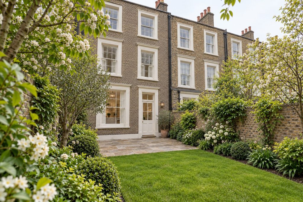 Rear garden, the garden looking back toward the house - 4-bedroom town house in Clapham